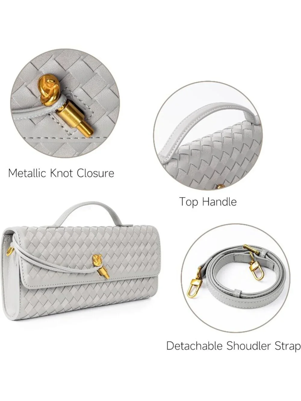 Women Dove Gray Leather Suede Woven Clutch Purse For Evening Crossbody Bag